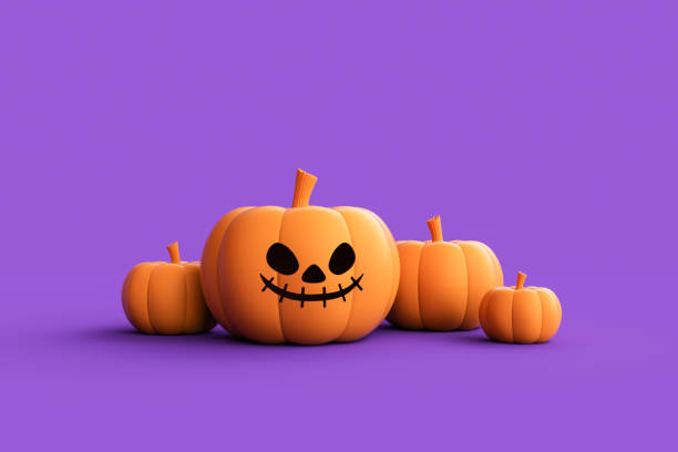 istock Halloween concept, Four pumpkins on purple background. 1736176536