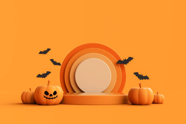 istock Jack-o-Lantern pumpkins with podium for product display and bats on orange background. 1736176542