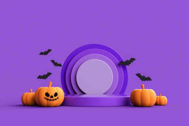 istock Jack-o-Lantern pumpkins with podium for product display and bats on purple background. 1736176543