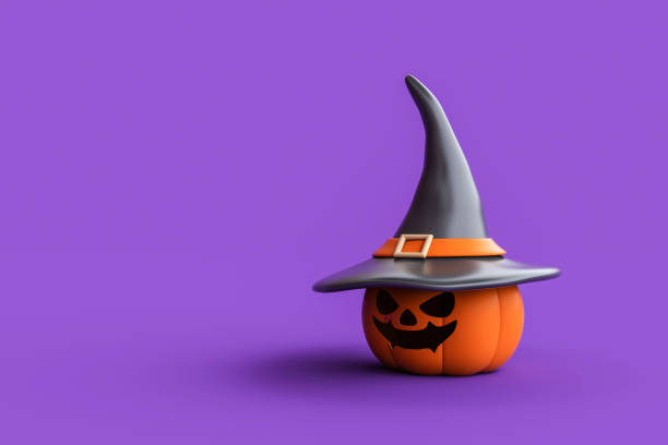 istock Jack-o-Lantern pumpkins wearing witch hat on purple background. 1736176581