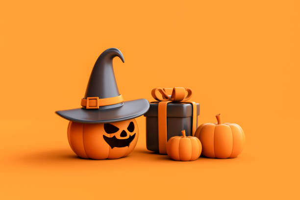istock Cartoon gift boxes with Halloween Jack-o-Lantern pumpkin wearing witch hat on orange background. 1736177143