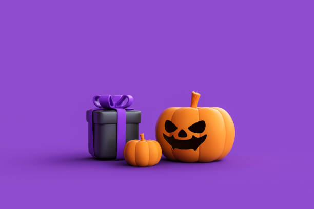 istock Cartoon gift boxes with Halloween Jack-o-Lantern pumpkins on purple background. 1736178286