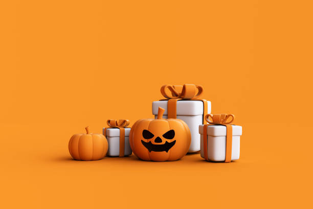 istock Cartoon gift boxes with Halloween Jack-o-Lantern pumpkins on orange background. 1736178326