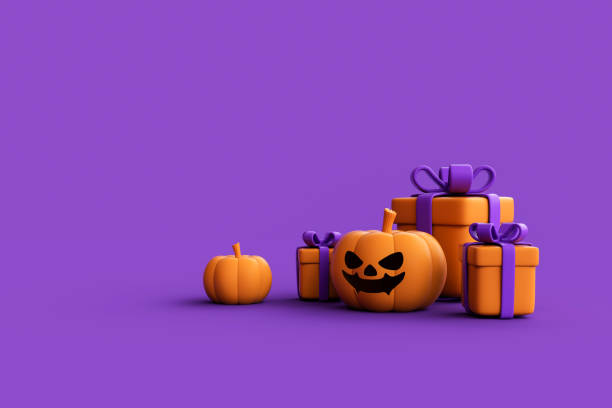 istock Cartoon gift boxes with Halloween Jack-o-Lantern pumpkins on orange background. 1736178813