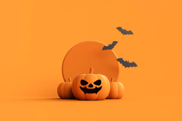 istock Happy Halloween with Jack-o-Lantern Pumpkins and on orange background. 1736178836