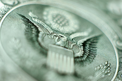 Macro photograph of a U.S. one dollar bill. Focus is squarely on the bald eagle's eye.