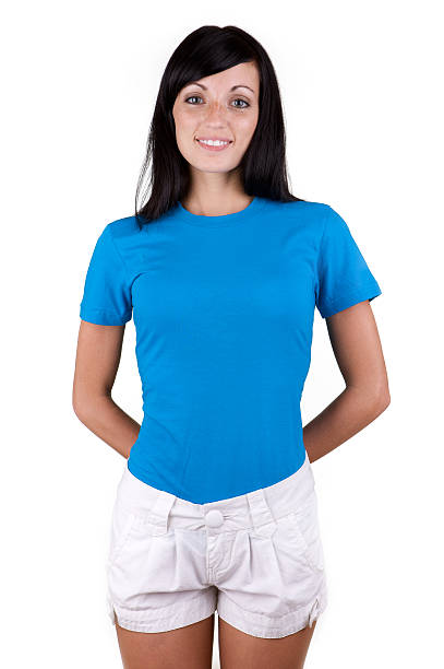 istock Young woman with blank blue shirt 173618123