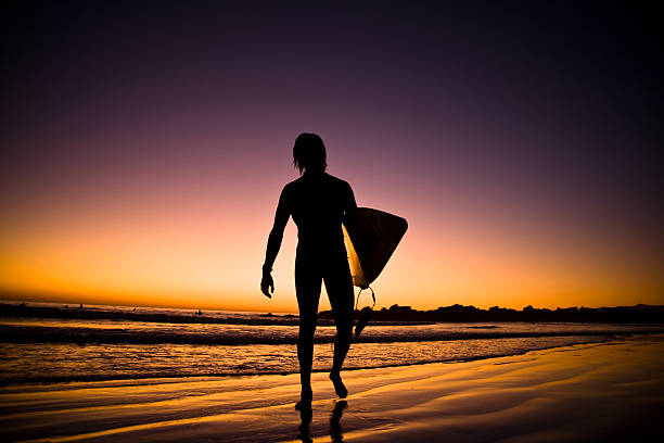 lone surfer surfen bei sonnenuntergang - santa monica surfing beach city of los angeles stock-fotos und bilder