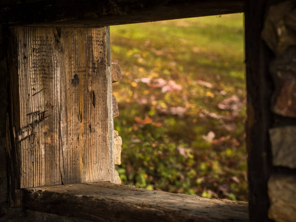 istock Old window opening framed by wooden boards with grass outside. 1736198816
