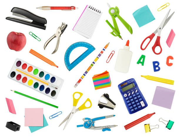 Arrangement of school supplies isolated on white.