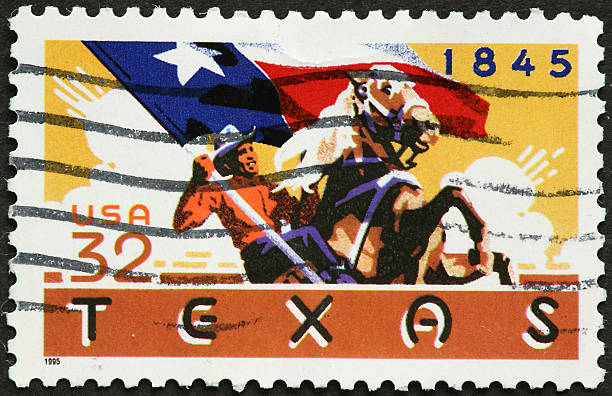 Texas cowboy and lone star flag on rearing horse.