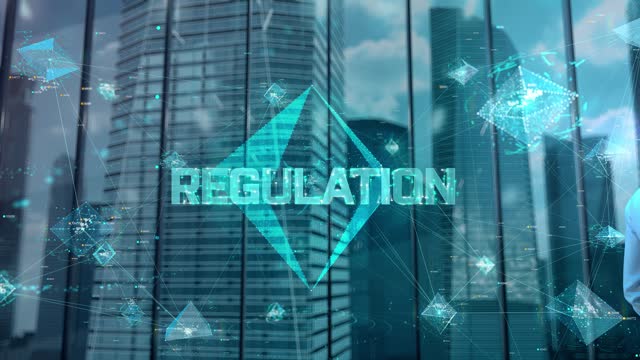 Regulation. Businessman Working in Office among Skyscrapers. Hologram Concept