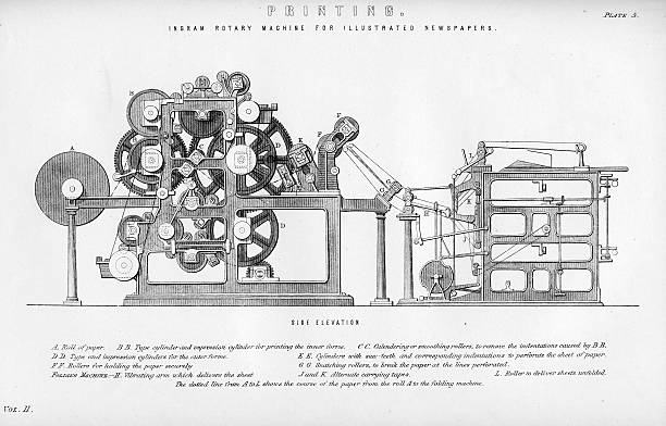 maszyna drukarska - engraved image gear old fashioned machine part stock illustrations
