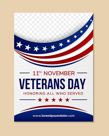 Happy Memorial Day poster with text and american flag gradient. Vector template for National American holiday event. happy veterans day, 11th november vertical layout flyer design. space for photo.