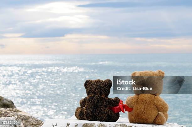 Teddy Niedźwiedzie W Miłości Trzymając Prezenty By The Sea - zdjęcia stockowe i więcej obrazów Brązowy