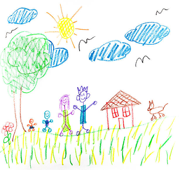 счастливая семья детский рисунок - child art childs drawing painted image stock illustrations