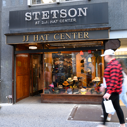 New York, New York, USA - October 12, 2023: JJ Hat Center featuring Stetson hats. People can be seen.