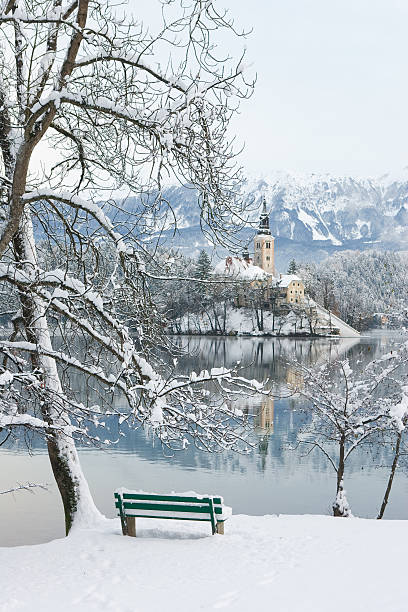 winter am bleder see - castle slovenia winter snow stock-fotos und bilder