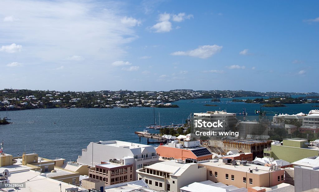 The Harbor in Hamilton, Bermuda A view of the harbor in Hamilton, Bermuda as viewed from the bell tower on the Anglican Cathedral. Aerial View Stock Photo