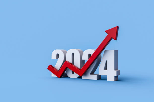 Red Arrow And White Colored 2024 Sitting Over Blue Background.