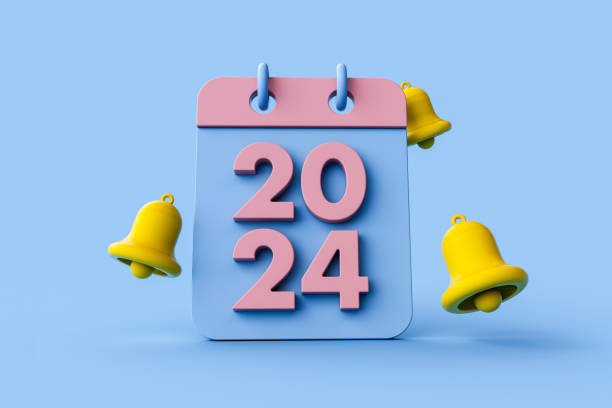 istock New year resolution 2024. Yellow notification bell ringing and calendar deadline on blue background. 3d rendering. 1736291269