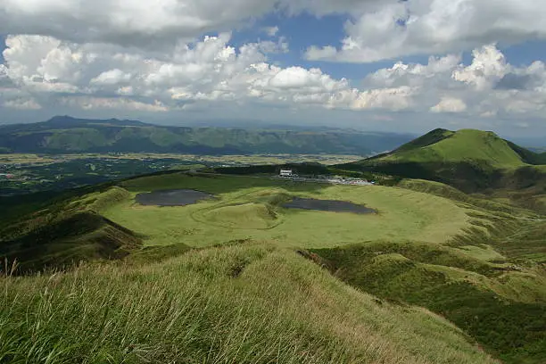 A giant crater of one of the world's largest volcano crater. Aso, Kyushu Island, Japan.