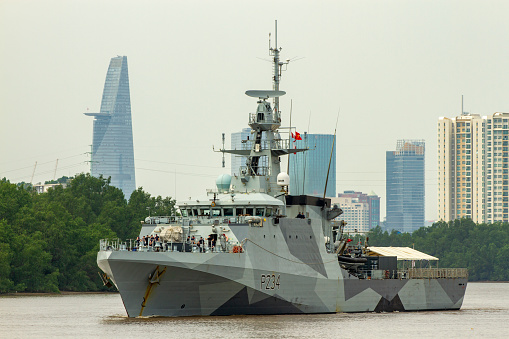 Ho Chi Minh City, Vietnam - February 11, 2023 : HMS Spey Offshore Patrol Vessel (P234) Of United Kingdom Royal Navy Moving On River.