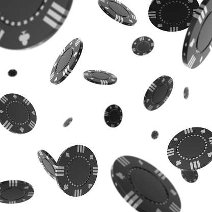 Many black pokerchips freefalling on white background. XXL, 3D rendering.
