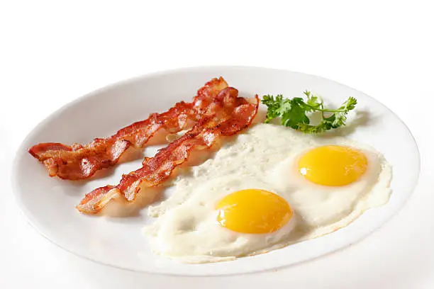 Photo of Two eggs over easy with bacon on white plate