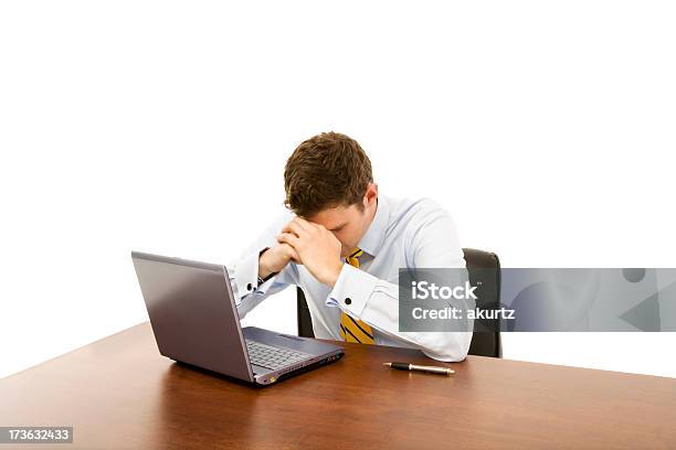 Business Man Completely Devastated Laptop Computer Desk Isolated Stock Photo - Download Image Now