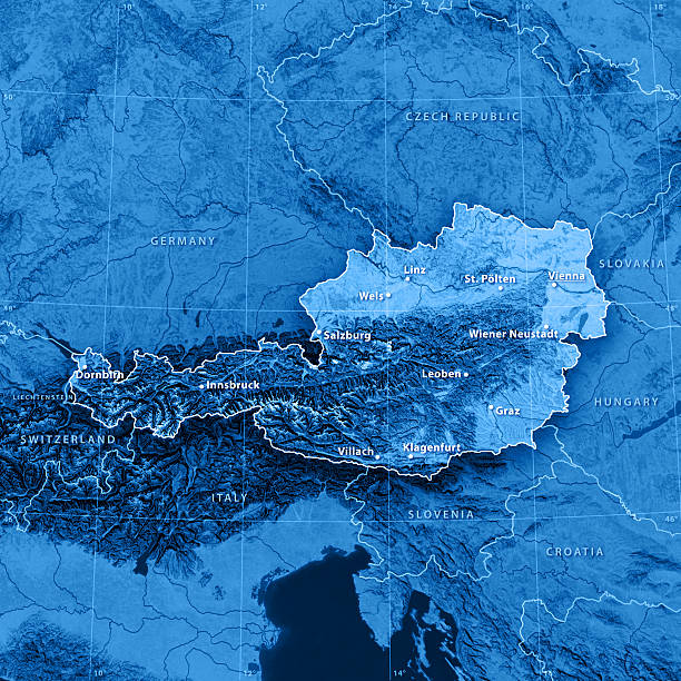 マップオーストリア（英語版） - austria map topography satellite view ストックフォトと画像