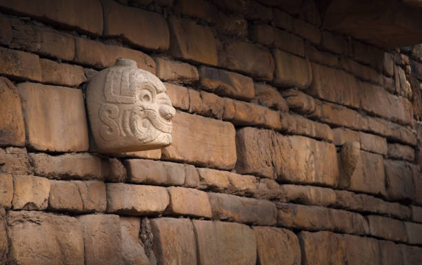Temple of Chavin: the last stone head still guarding the temple stock photo
