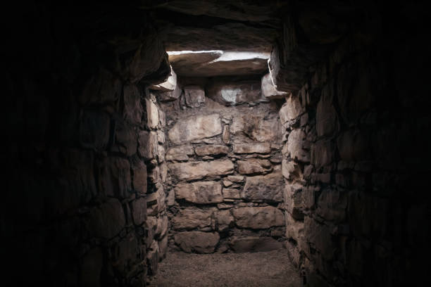 UNESCO - Light in the Depth: interior of the Gallery of Offerings in the Chavin Temple stock photo