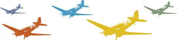 Vector illustration of Colorful repeating pattern of 5 DC-47 Troop Carrier silhouettes in flight