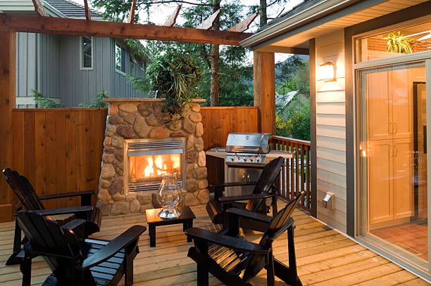 istock Outdoor patio with fireplace, chairs and barbeque grill 173633710