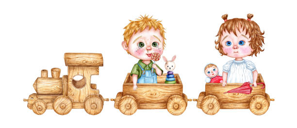 istock Children ride in a wooden train watercolor 1736340979