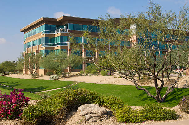 Business Building "Insurance/financial building in Scottsdale, AZ with desert landscsaping" southwest usa architecture building exterior scottsdale stock pictures, royalty-free photos & images