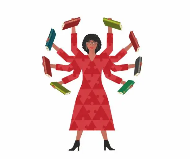 Vector illustration of Woman with plenty of books. Shiva woman with puzzle, jigsaw pieces dress. Isolated. Vector illustration.