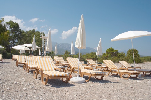 Free chaiselongues on a Mediterranian Sea beach.More images of Turkish  hotel views and detals: