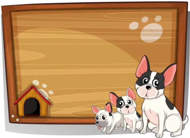 Vector illustration of Three dogs in front of a wooden board