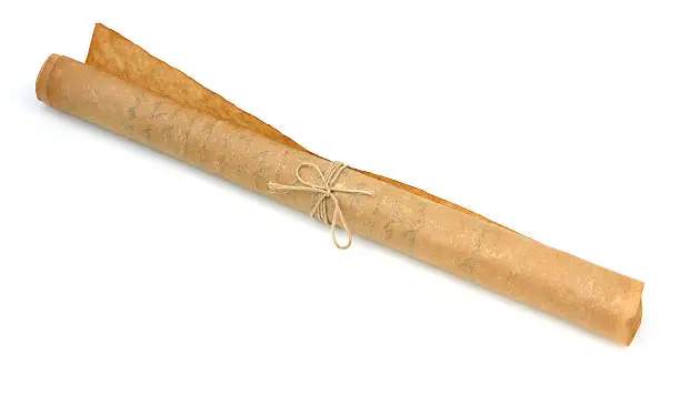 Rolled antique document tied with rope string.
