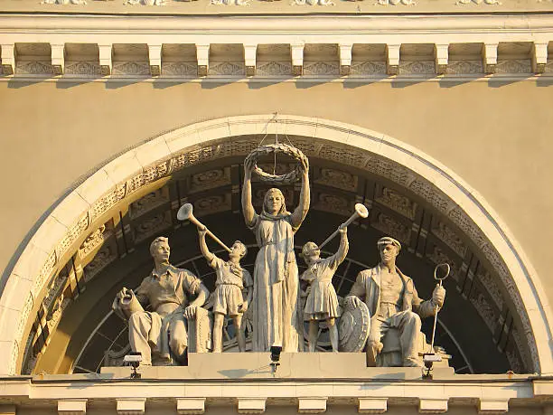 "A bas-relief depicting people on a railway station in Volgograd, Russia"