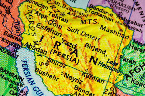 Relief globe map detail focused on Iran (Persia).