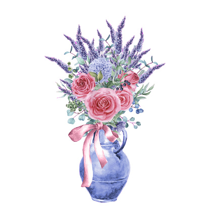 Watercolor bouquet of lavender and roses in a vase, isolated on white