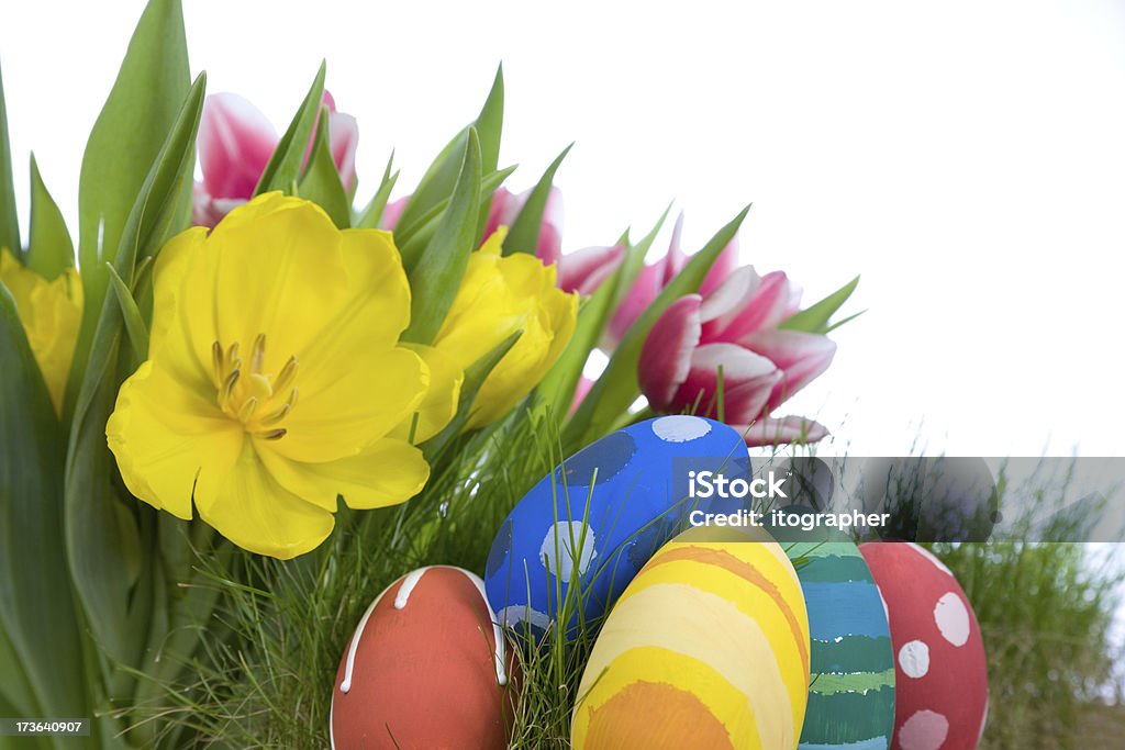 Tulipas e ovos de Páscoa pintados à mão - Foto de stock de Amarelo royalty-free