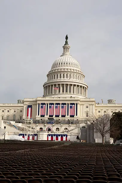 "The US Capitol Building, decorated in preparation for the inauguration of President Obama."