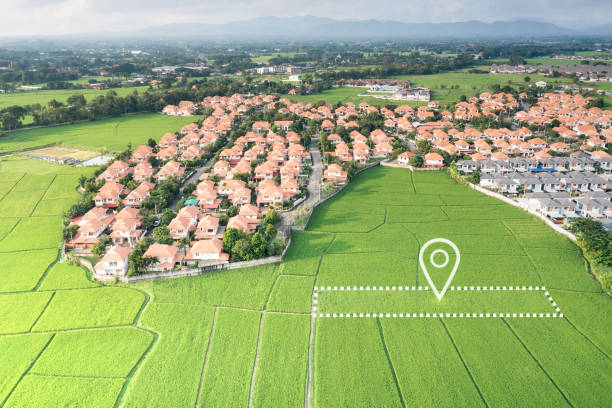 istock Land plot and identify registration symbol in aerial view. 1736423473
