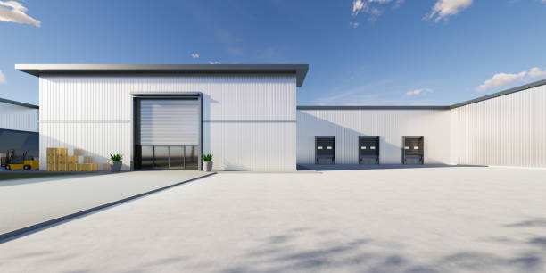 産業背景と物流、輸入輸出のコンセプトのための流通センターの3dレンダリング。 - distribution warehouse industrial building large building exterior ストックフォトと画像