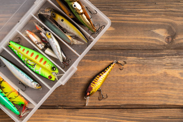 istock fishing lures and accessories in the box background 1736429135