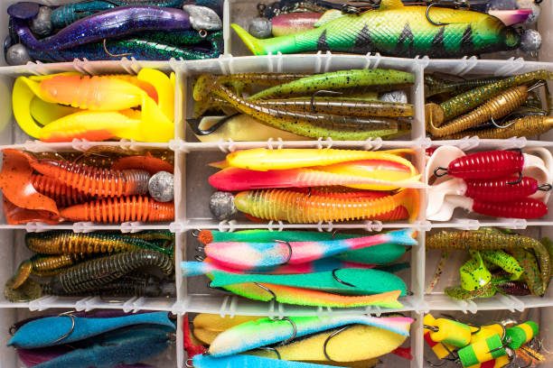 istock fishing lures and accessories in the box background 1736429300